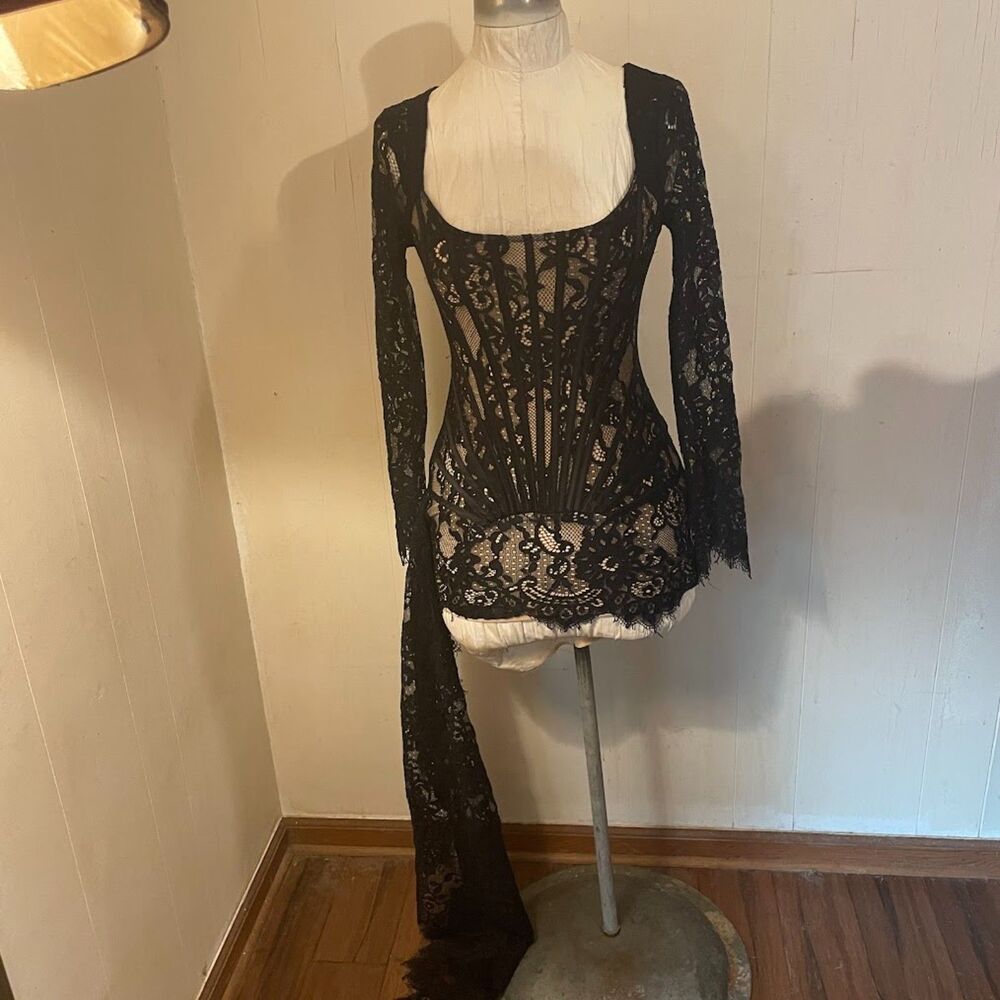 HEIRESS BEVERLY HILLS Black Lace Corset Draped MINI DRESS Long Sleeve